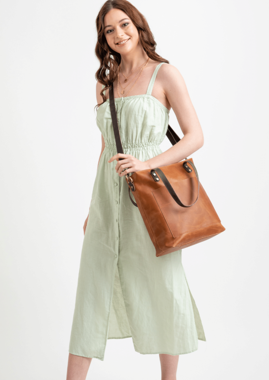 Leather Crossbody Tote in Honey