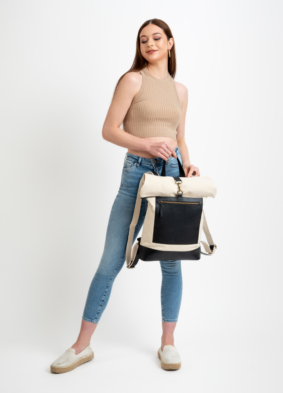 Leather with Canvas Roll Top Backpack in Sable Black