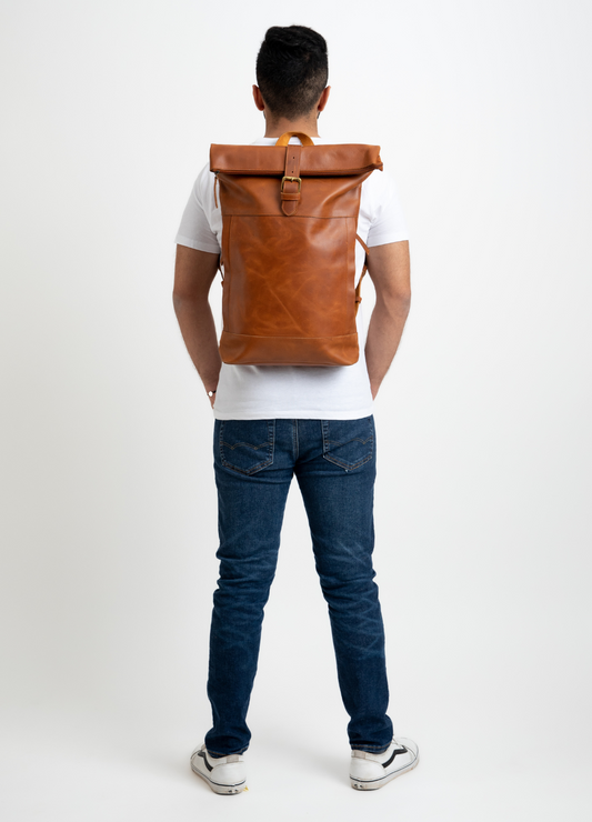 Leather Roll Top Backpack in Cognac