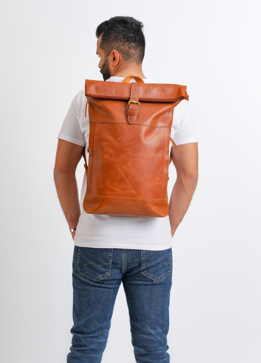 Leather Roll Top Backpack in Cognac