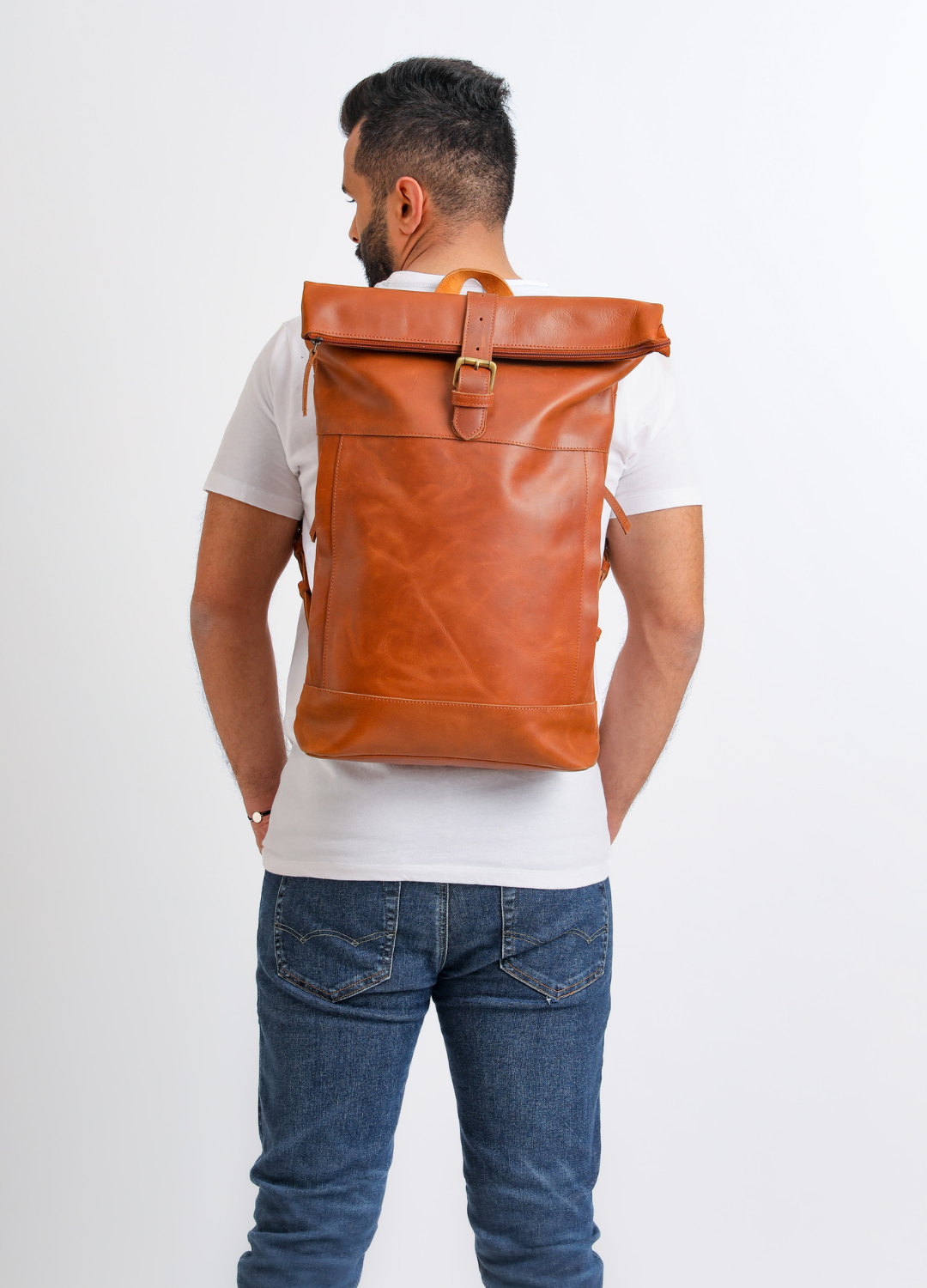 Leather roll top online backpack