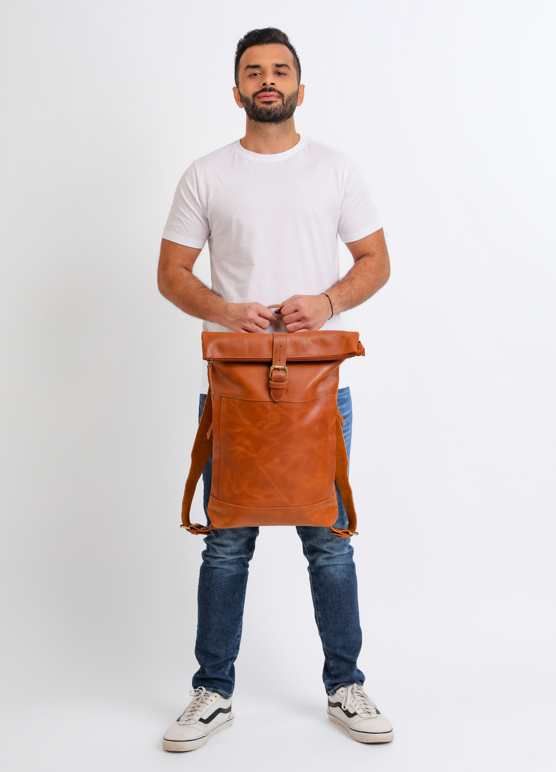 Leather Roll Top Backpack in Cognac