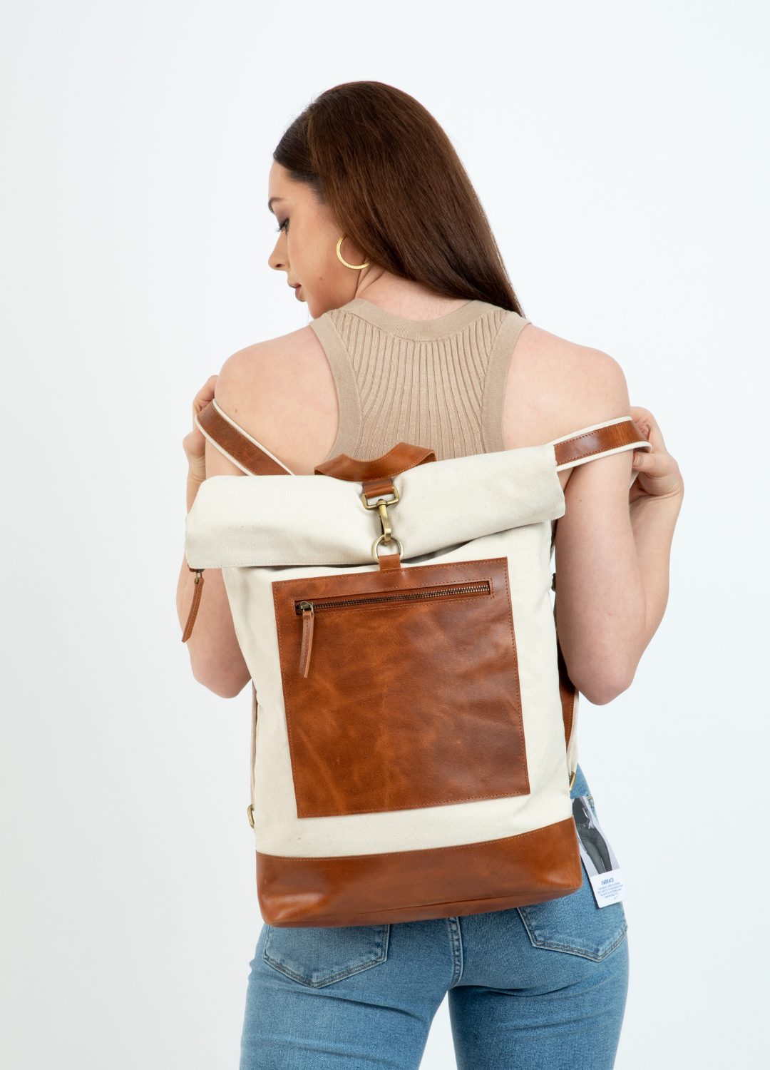 Leather with Canvas Roll Top Backpack in Cognac