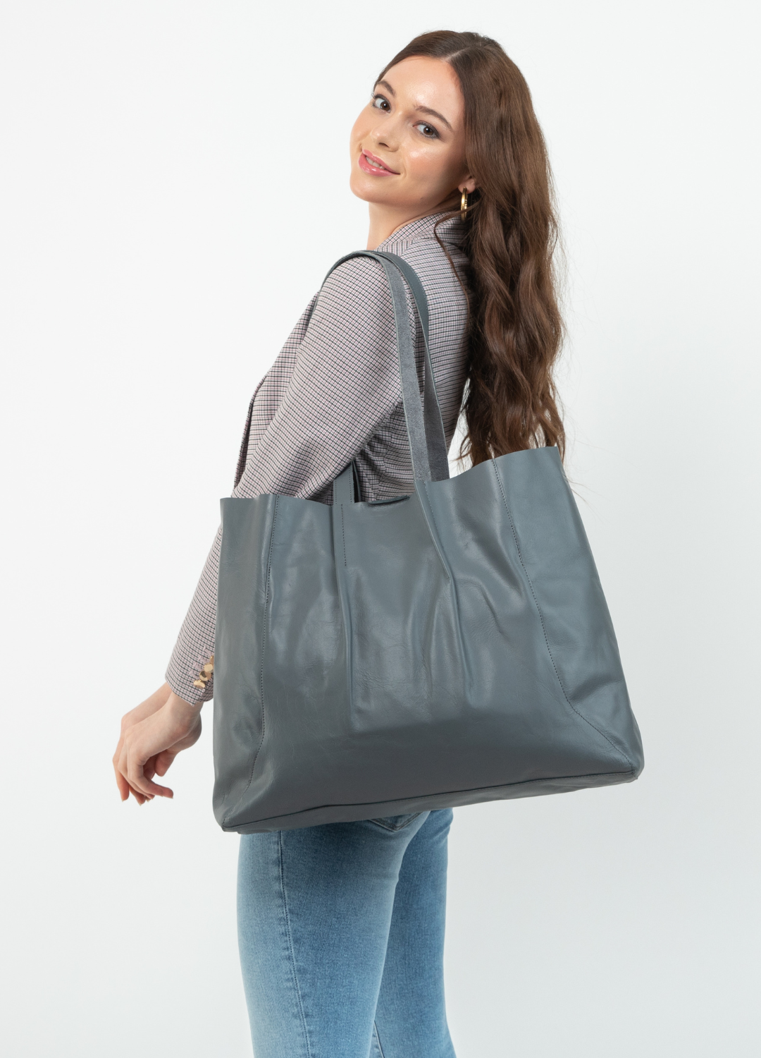 Large Leather Tote in Steel