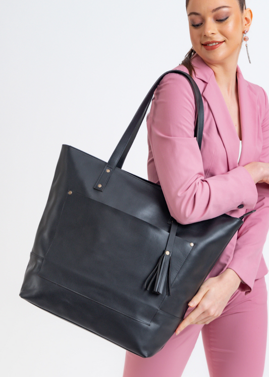 Adriana Large Leather Tote in Charcoal