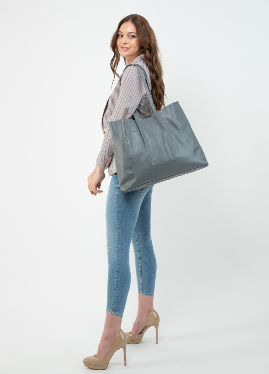 Large Leather Tote in Steel