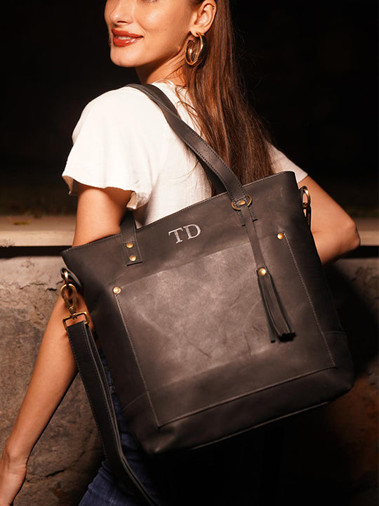 Adriana Leather Crossbody Tote in Charcoal